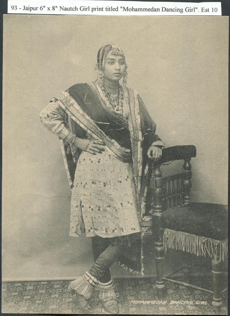 A studio photograph of a nautch girl. The image caption reads: "93 - Jaipur 6" x 8" Nautch Girl print titled "Mohammedan Dancing Girl" Est 10"