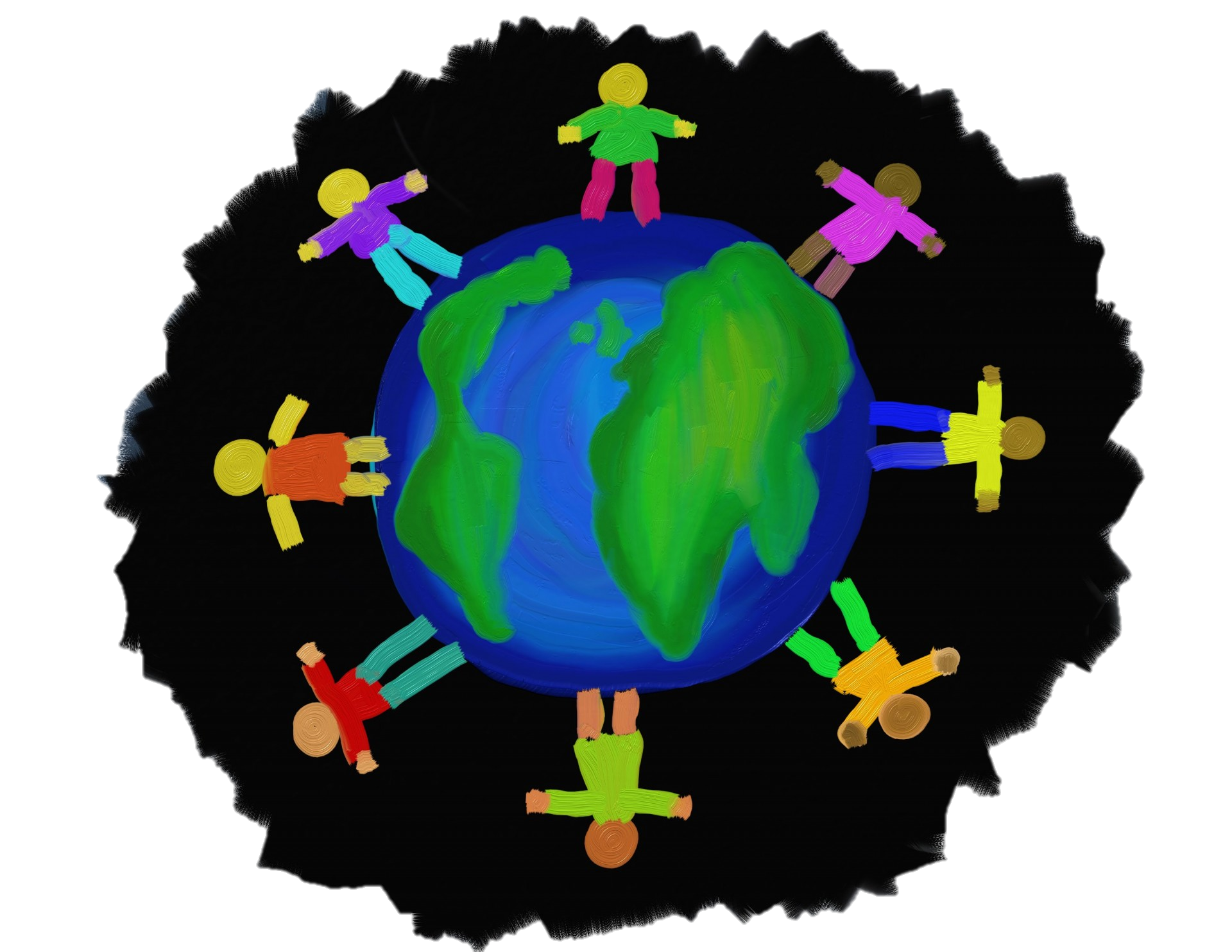 Picture of a globe with people holding hands around it.
