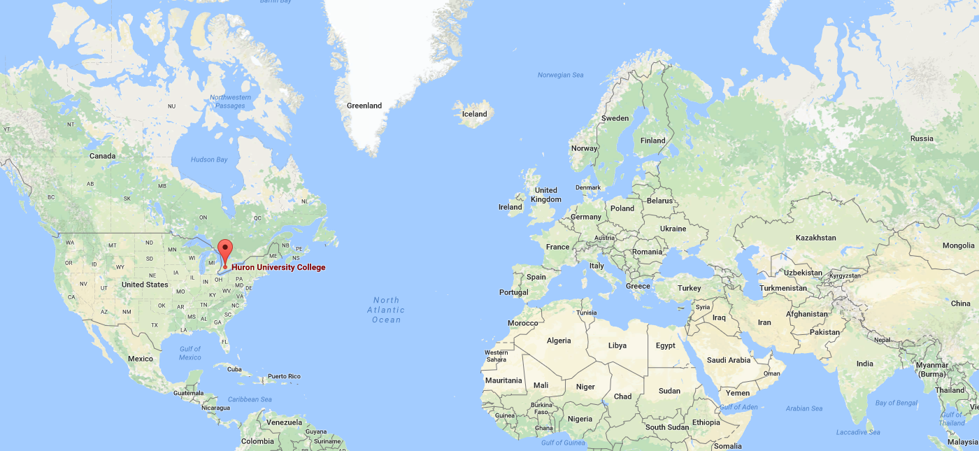 map of globe with Huron University College pinned
