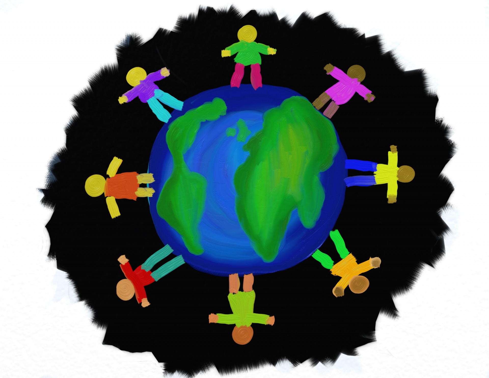 a globe with people around it