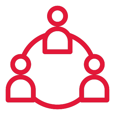 An illustrated icon of three figures connected by a circle to represent conferences.