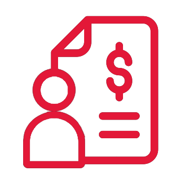 A bright red, illustrated icon of a human figure in front of a large paycheck.