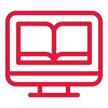 An illustrated icon of a computer screen with a book on it.
