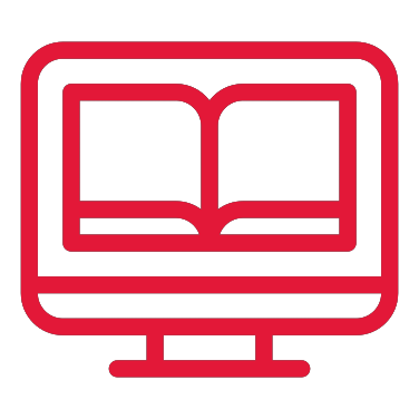 A bright red icon of a computer displaying a book on the screen, representing learning new skills online.