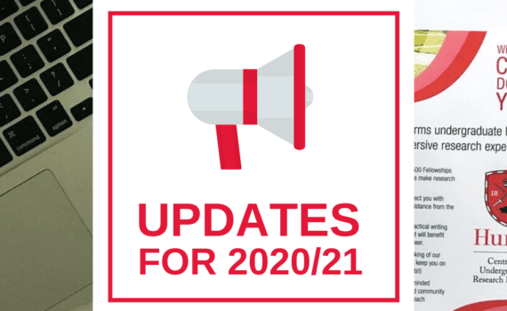 The background is a desk holding a cup of coffee, a laptop, and a stack of CURL advertisements. A white square on top of the background has an illustration of a megaphone and red text that reads "Updates for 2020/21".