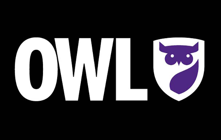On a black background, white large letters read "OWL." To the right of the letters is a purple owl illustration shaped like a shield.
