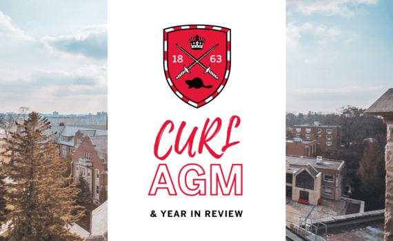 Below a Huron shield logo, bright text reads, "CURL AGM & Year in review." In the background is a photo of Huron.