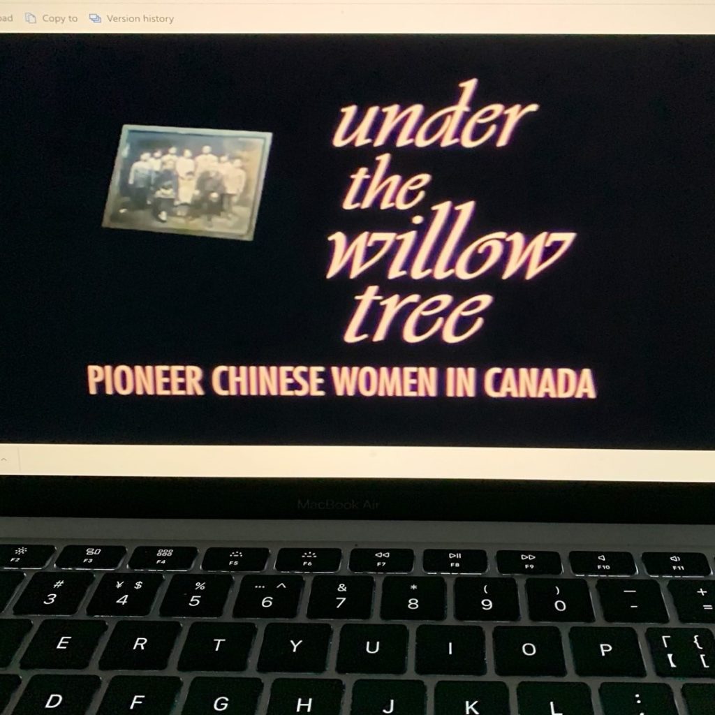 A laptop is open. The laptop screen reads the title of a movie: "Under the Willow Tree: Pioneer Chinese Women in Canada."