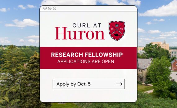 Pixel art of a web browser window floats over an outdoor background photo of Huron's campus. The browser reads, "CURL at Huron - Research Fellowship Applications are now open! Apply by Oct. 3!"