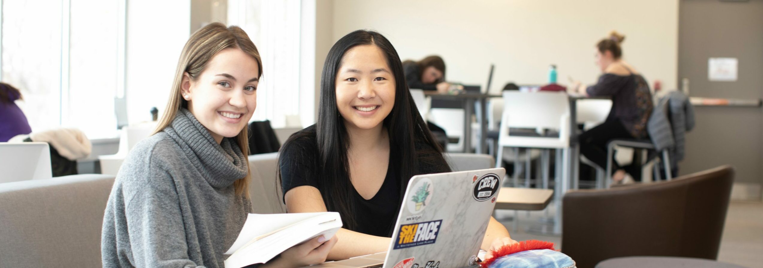 Two Huron students with long hair sit at a table in the Library. They are working on their homework and smiling.