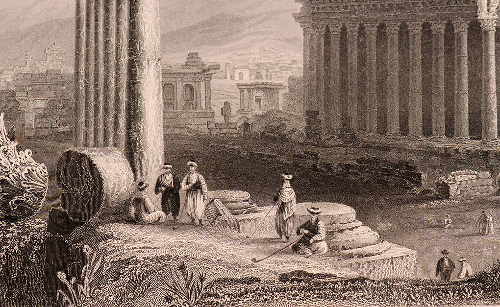 Detailed image of the Ruins of Balbec that focuses on the base of the Corinthian pillars where people are grouped together