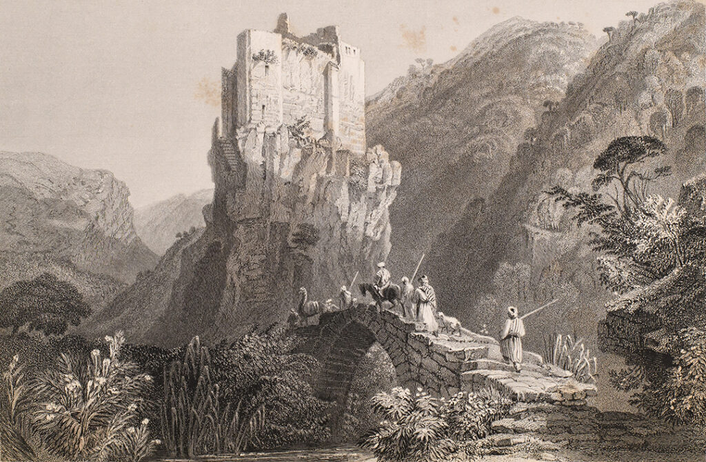 Detailed image of the engraving "Gothic Castle in a Valley Near Batroun"