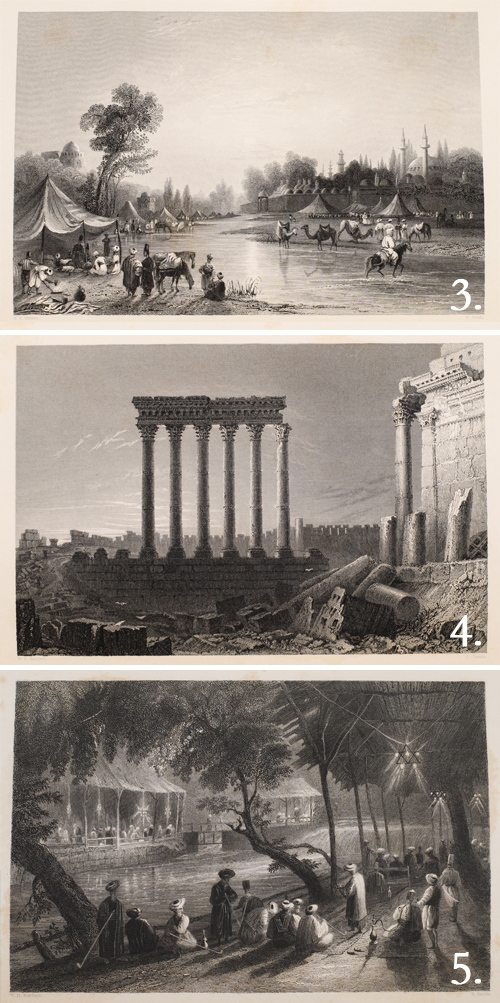 Syria Illustrated - River Barrada-Pillars at Balbec-Cafes at Damascas 3 images. One of the River Barrada, one of the Roman Pillars at Balbec, and the final of Cafes at Damascas