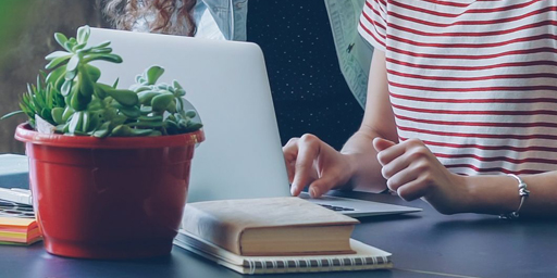 Two individuals looking at a Laptop on a desk with books and a plant.