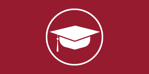 Graduation cap icon on a crimson red background
