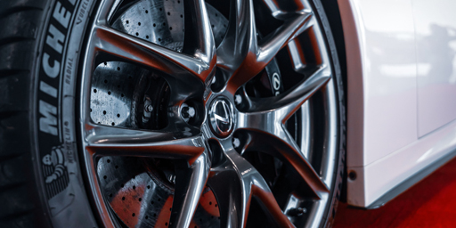 Close up photo of a tire on a white car