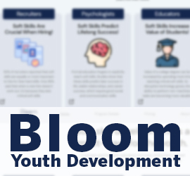 Bloom Youth Development text over a blurred image with educational based icons
